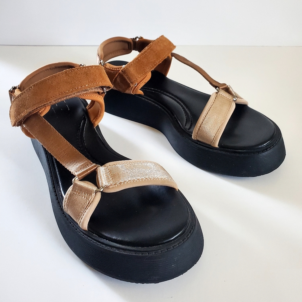 Zara Tan and Black Platform Sandals with Closure Size 9.5